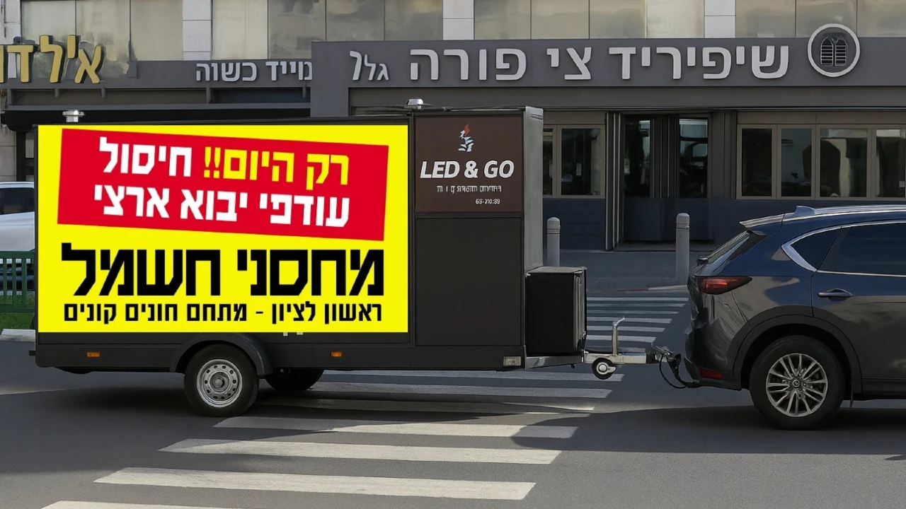 משאית מסך LED של LED & GO עם פרסומת של מחסני חשמל ברחוב