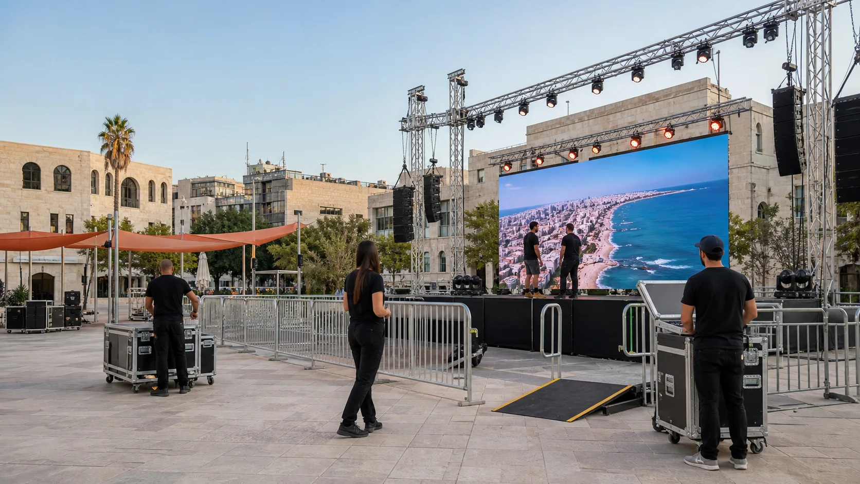 צוות הפקה מקים במה ומסך באירוע עירוני בישראל